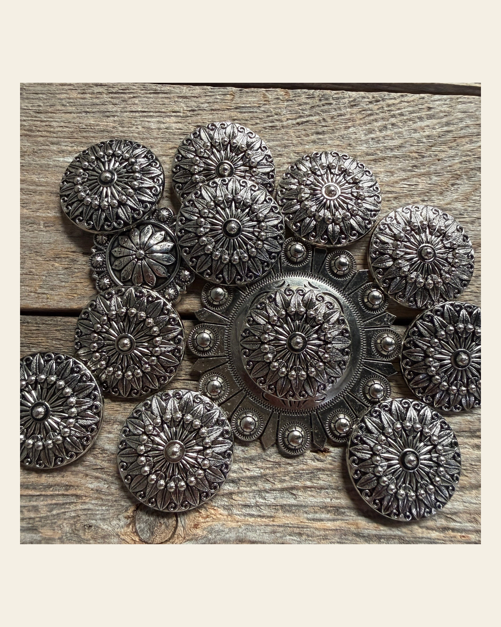 Antique Silver Floral Pinwheel Western Concho W227 on a warm cream background