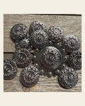 Antique Silver Floral Pinwheel Western Concho W227 on a warm cream background