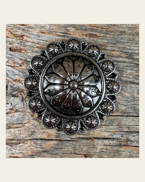 Antique Silver Flower and Berry Concho 1.5" W226L on a warm cream background