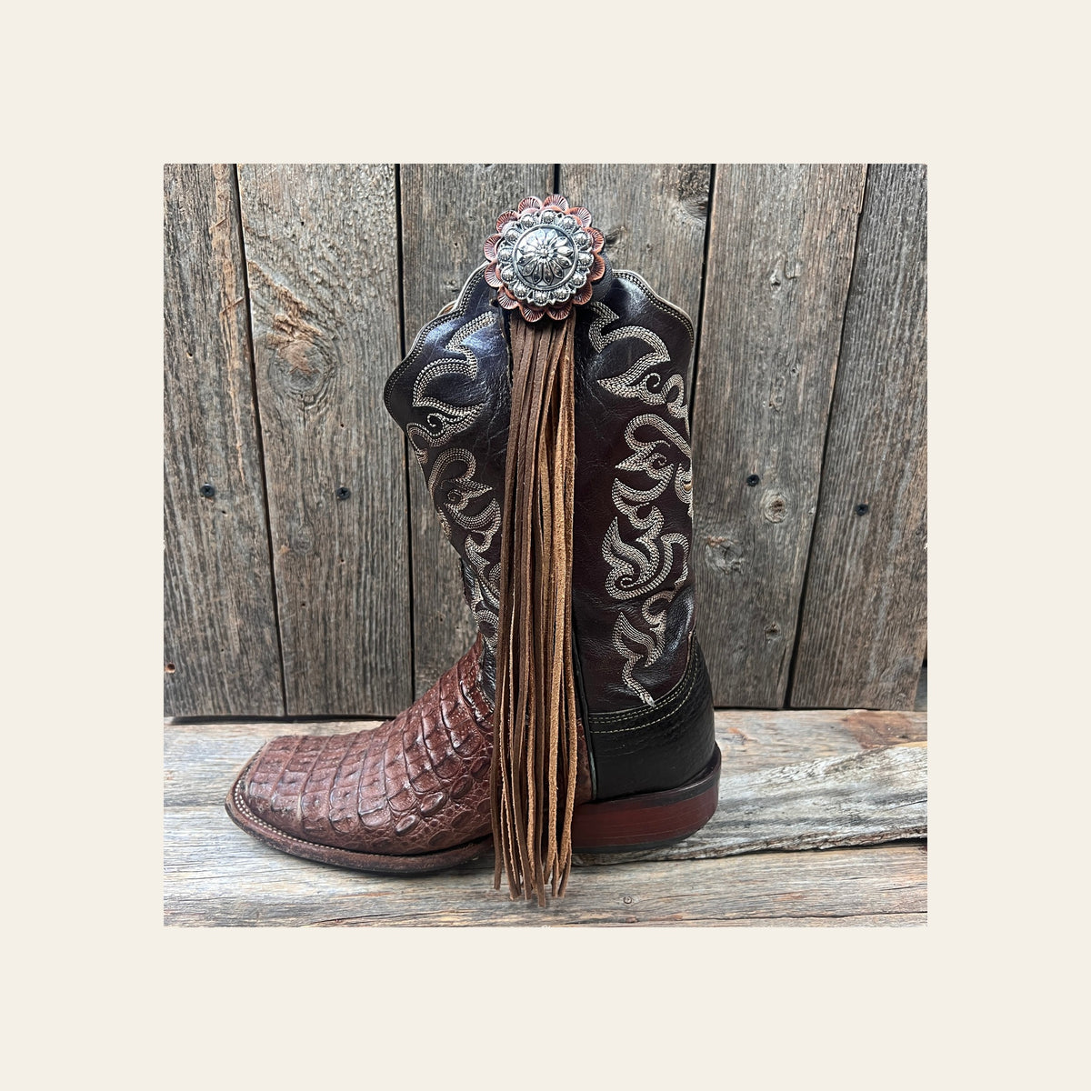 Boot Cuff Jewelry - Antique Silver Flower and Berry Concho - Fringe