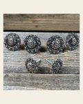 Antique Silver Flower and Berry Saddle Set SSW226 on a warm cream background
