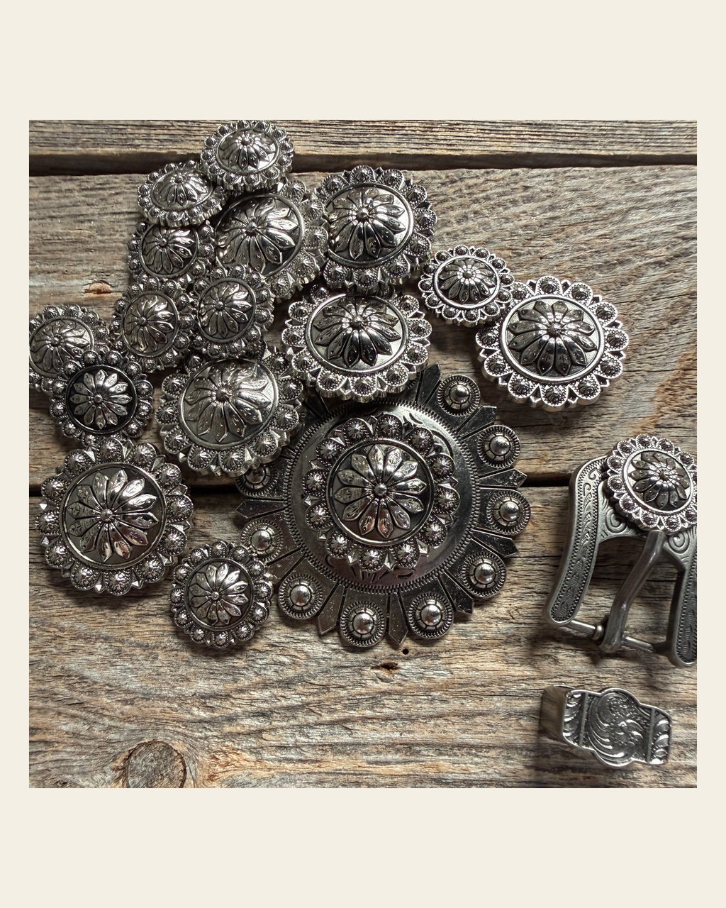 Antique Silver Flower and Berry Western Concho W226 on a warm cream background