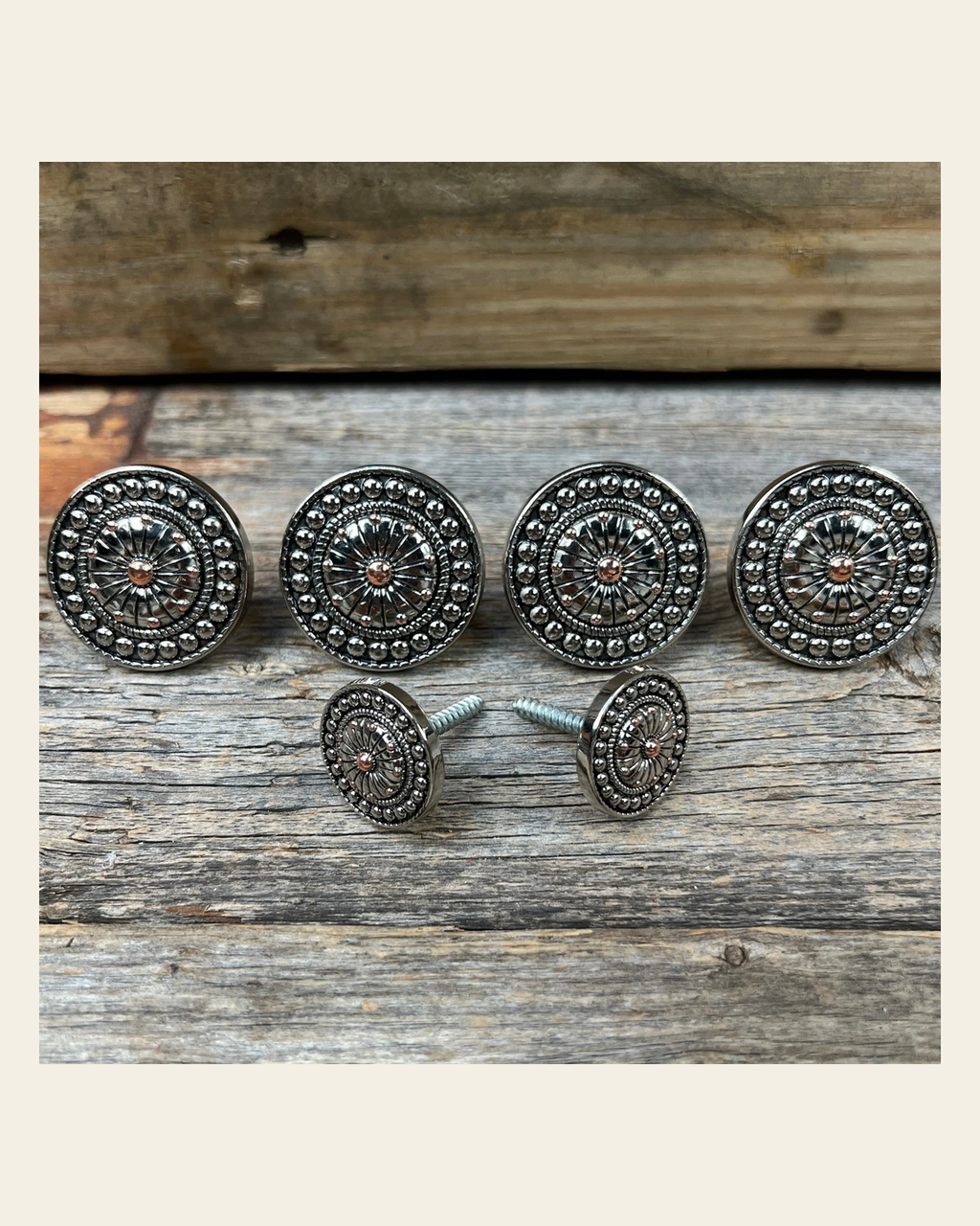 Antique Silver Flower and Dots Saddle Set SSW230 on a warm cream background