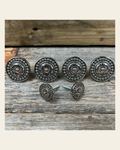 Antique Silver Flower and Dots Saddle Set SSW230 on a warm cream background