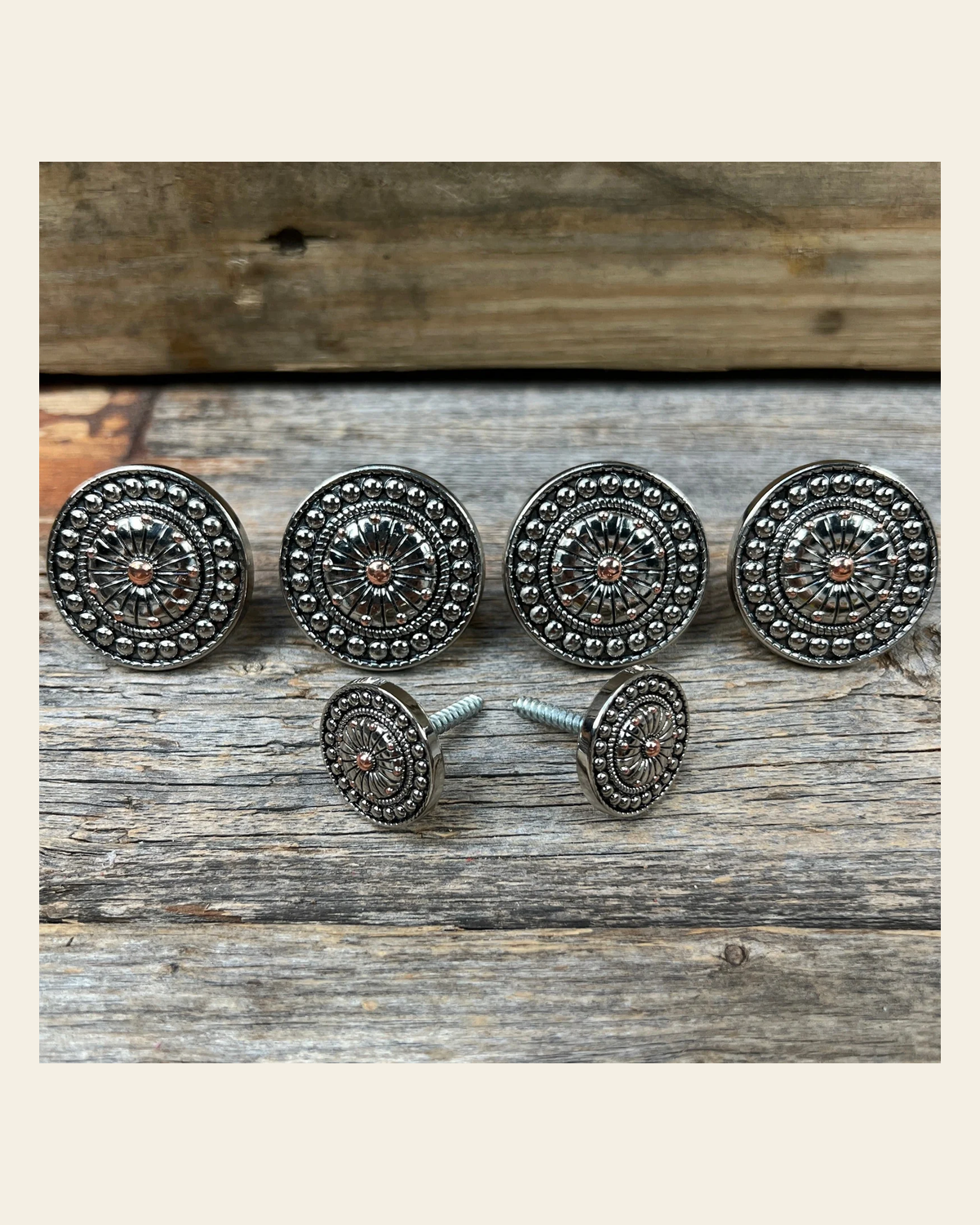 Antique Silver Flower and Dots Saddle Set SSW230 on a warm cream background