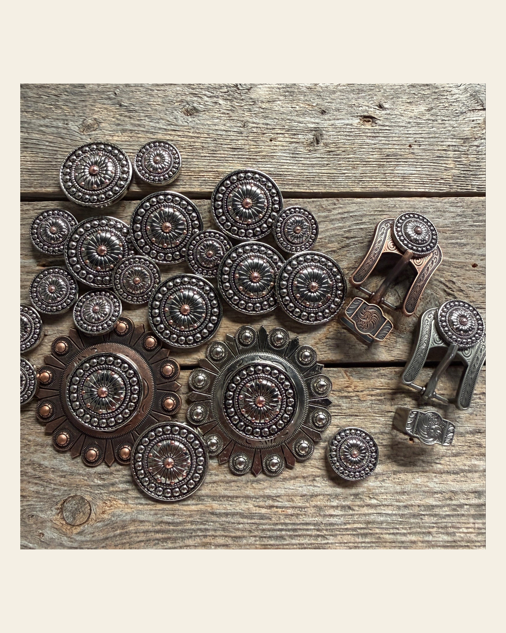 Antique Silver Flower and Dots Western Concho W230 on a warm cream background