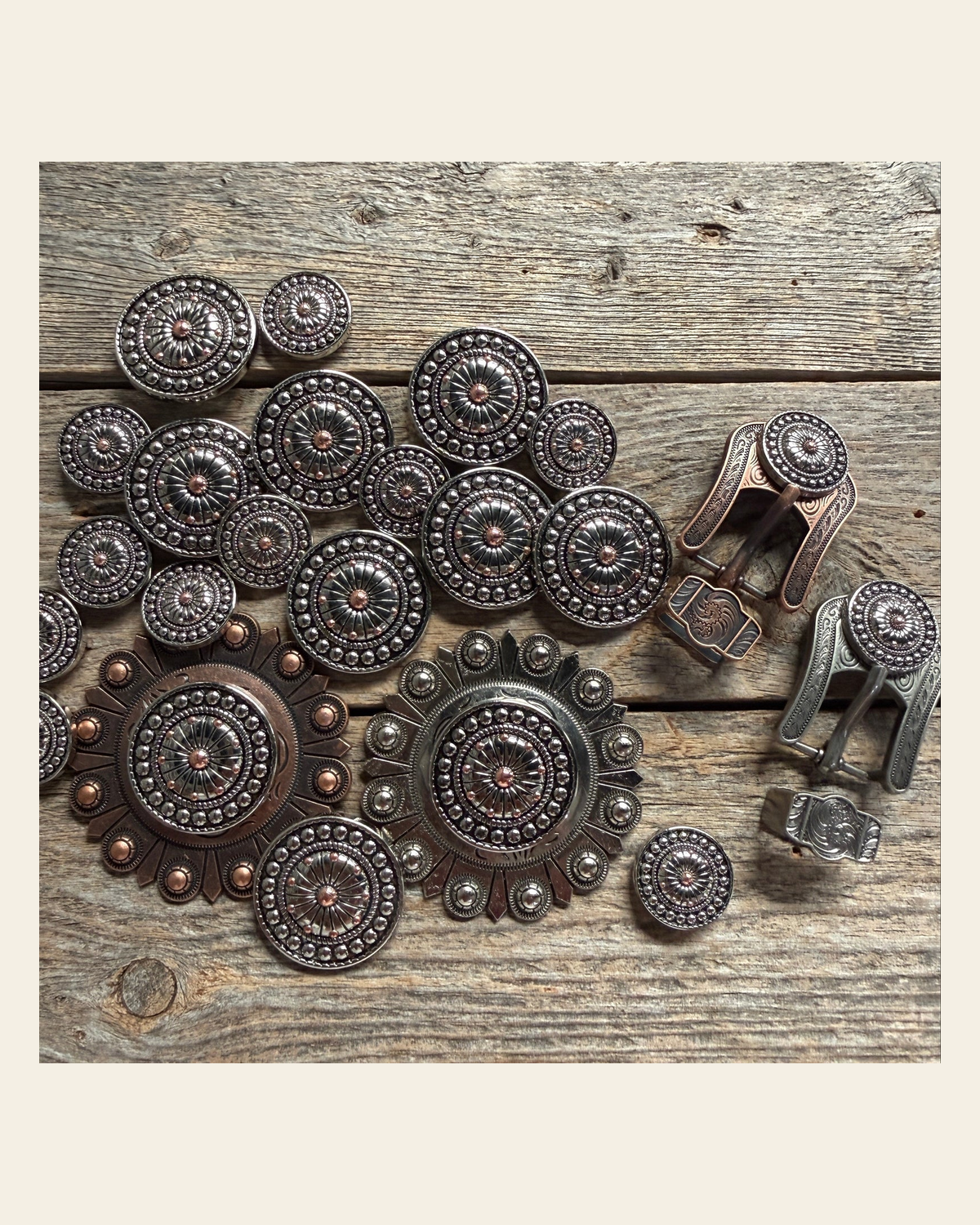 Antique Silver Flower and Dots Western Concho W230 on a warm cream background