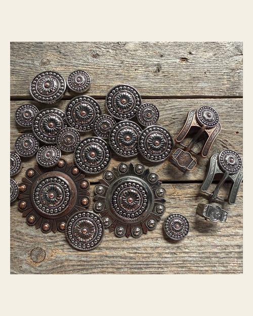 Antique Silver Flower and Dots Western Concho W230 on a warm cream background