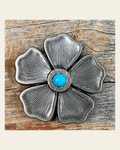Antique Silver Flower Turquoise Concho 2" W110L on a warm cream background
