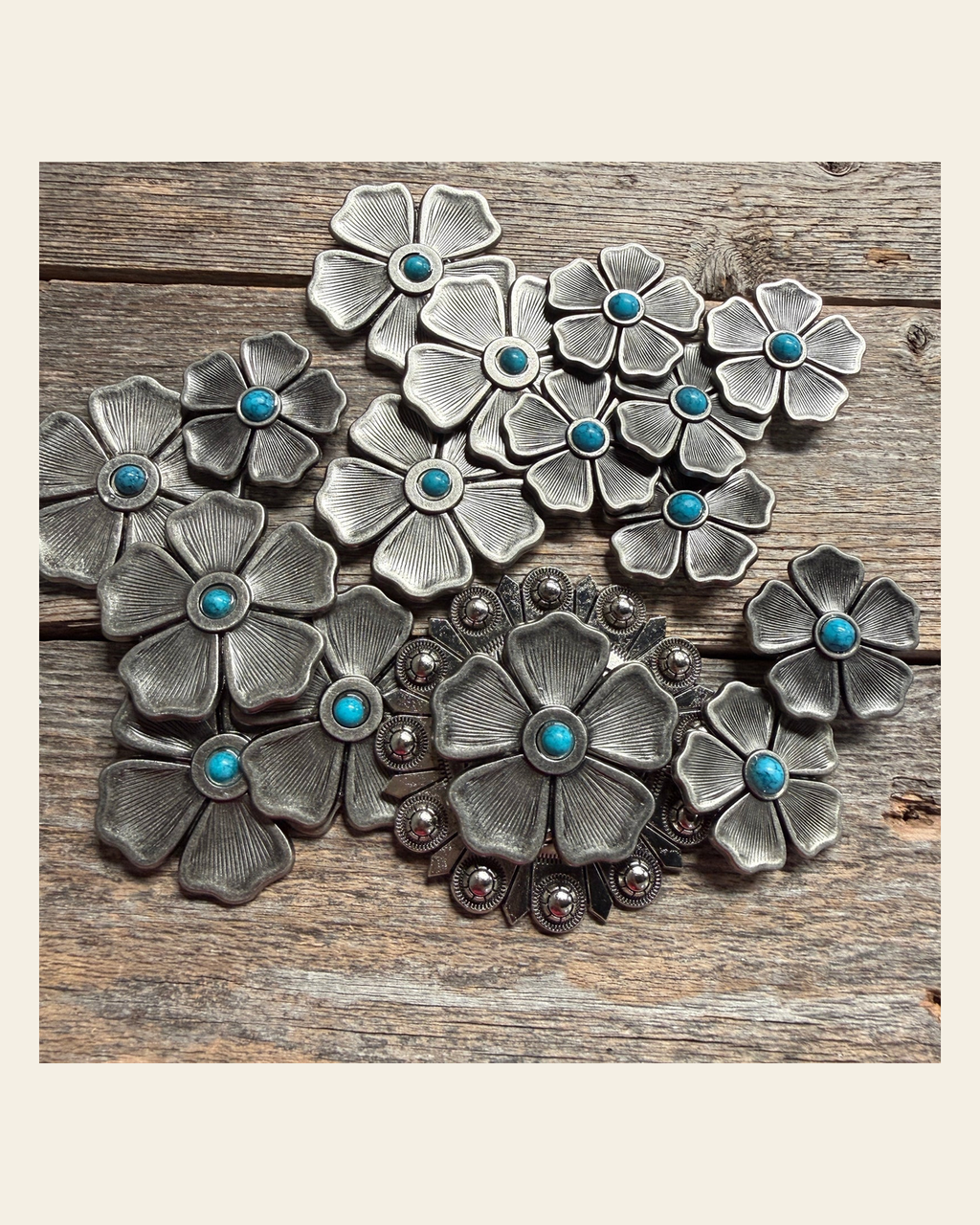 Antique Silver Flower Turquoise Western Concho W110 on a warm cream background