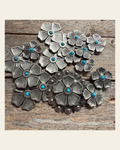 Antique Silver Flower Turquoise Western Concho W110 on a warm cream background
