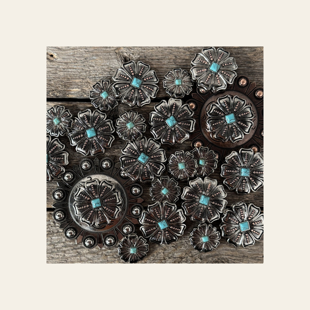 Antique Silver Flower with Copper Dots and Turquoise Concho #W249