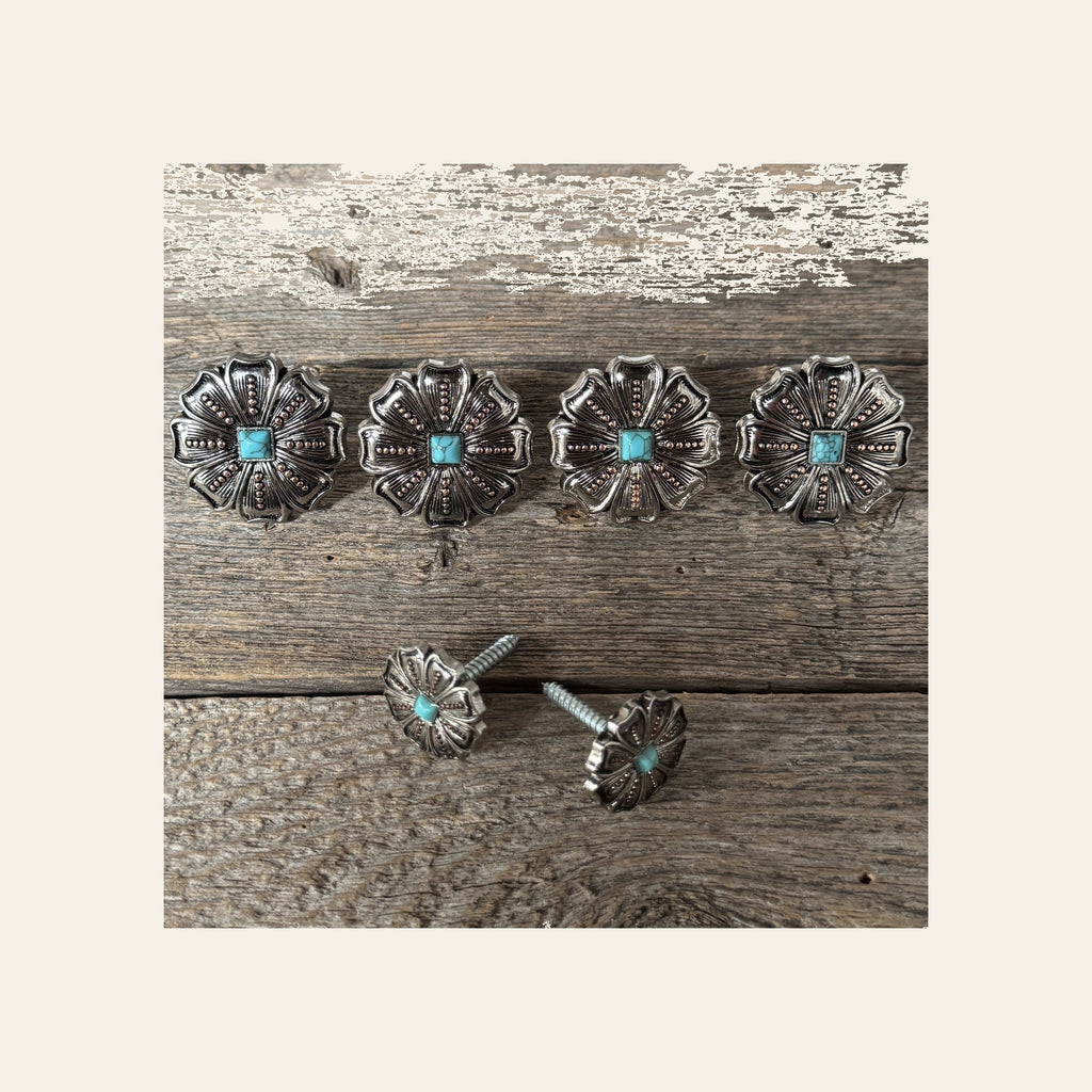 Antique Silver Flower with Copper Dots and Turquoise Saddle Set #SSW249