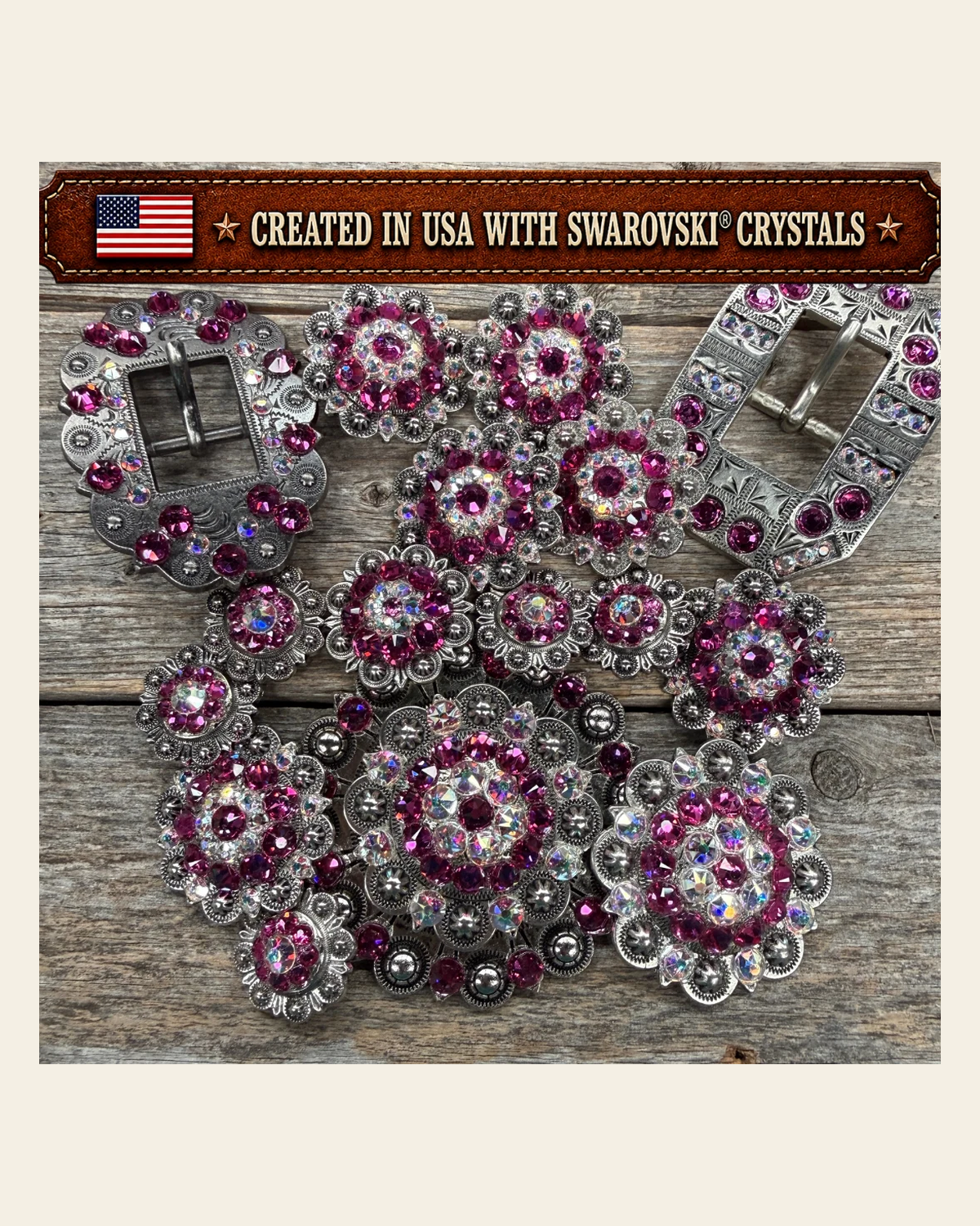 Antique Silver Fuchsia - AB Crystal Conchos | Sizes 1"- 3" | Buckles | Saddle Set | Leather Rosettes | Slide on a warm cream background