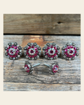Antique Silver Fuchsia & AB Saddle Conchos on a warm cream background