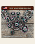 Antique Silver Fuchsia - Clear - Emerald Crystal Conchos | Sizes 1"- 3" | Buckles | Saddle Set | Leather Rosettes | Slide on a warm cream background