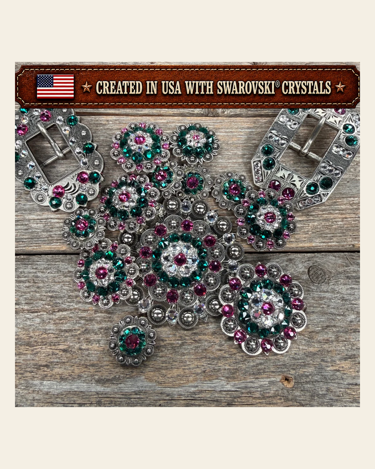 Antique Silver Fuchsia - Clear - Emerald Crystal Conchos | Sizes 1"- 3" | Buckles | Saddle Set | Leather Rosettes | Slide on a warm cream background