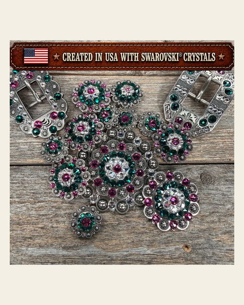 Antique Silver Fuchsia - Clear - Emerald Crystal Conchos | Sizes 1"- 3" | Buckles | Saddle Set | Leather Rosettes | Slide on a warm cream background