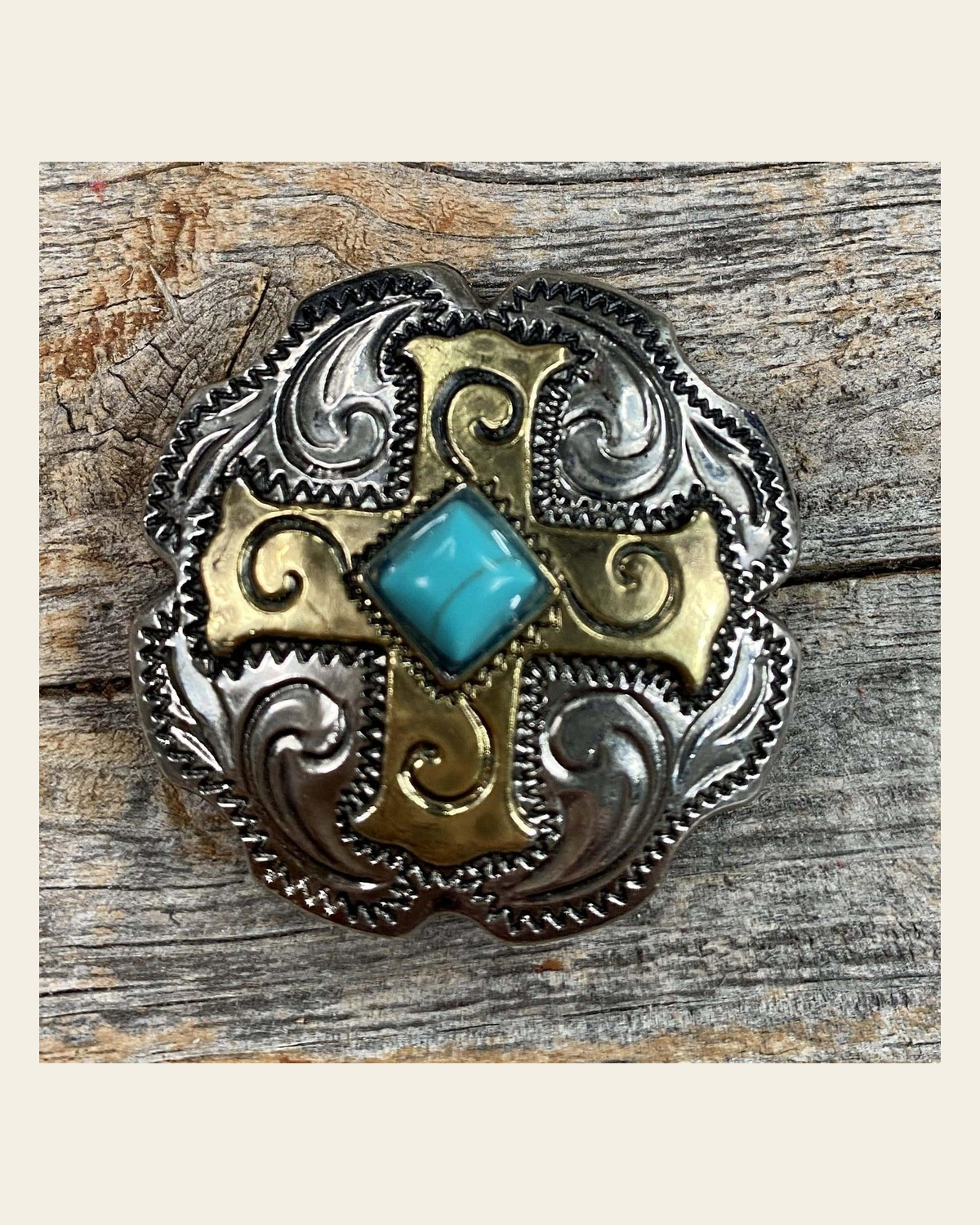 Antique Silver & Gold Concho 1.5" W189L on a warm cream background