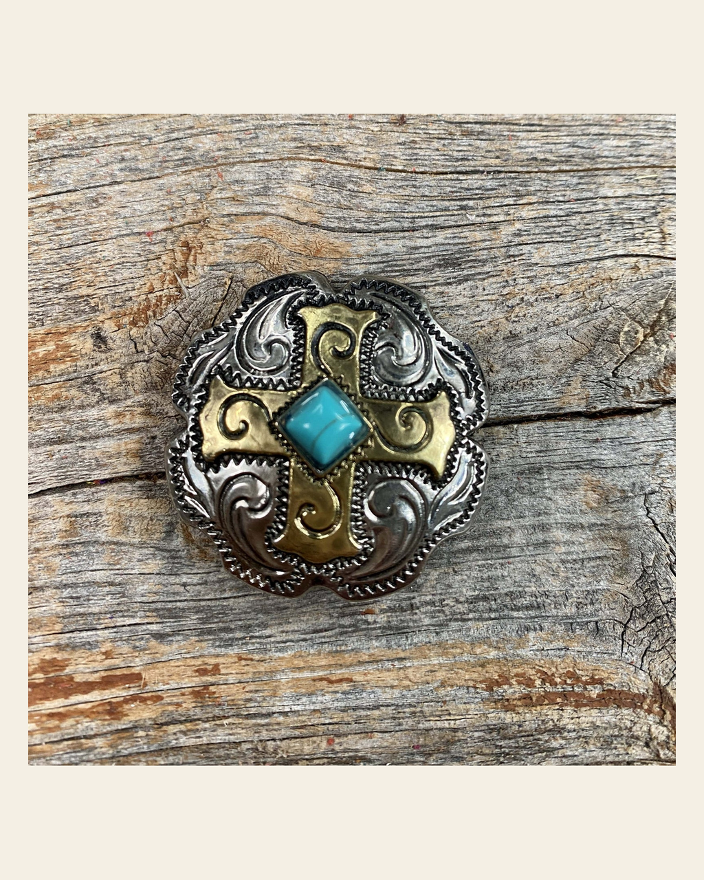 Antique Silver & Gold Concho 1" W189S on a warm cream background