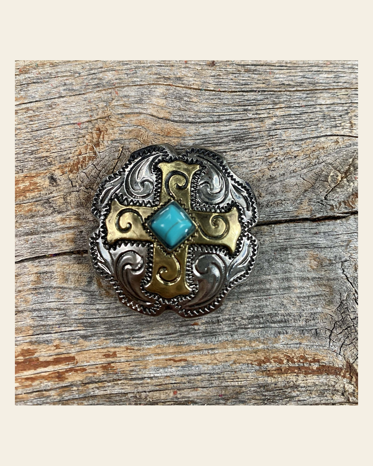 Antique Silver & Gold Concho 1" W189S on a warm cream background