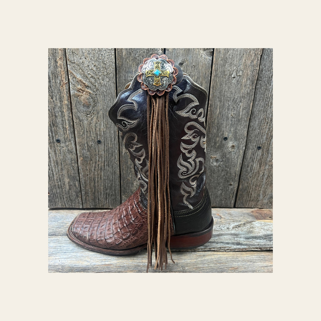 Boot Cuff Jewelry -  Antique Silver Cross Turquoise Concho - Fringe