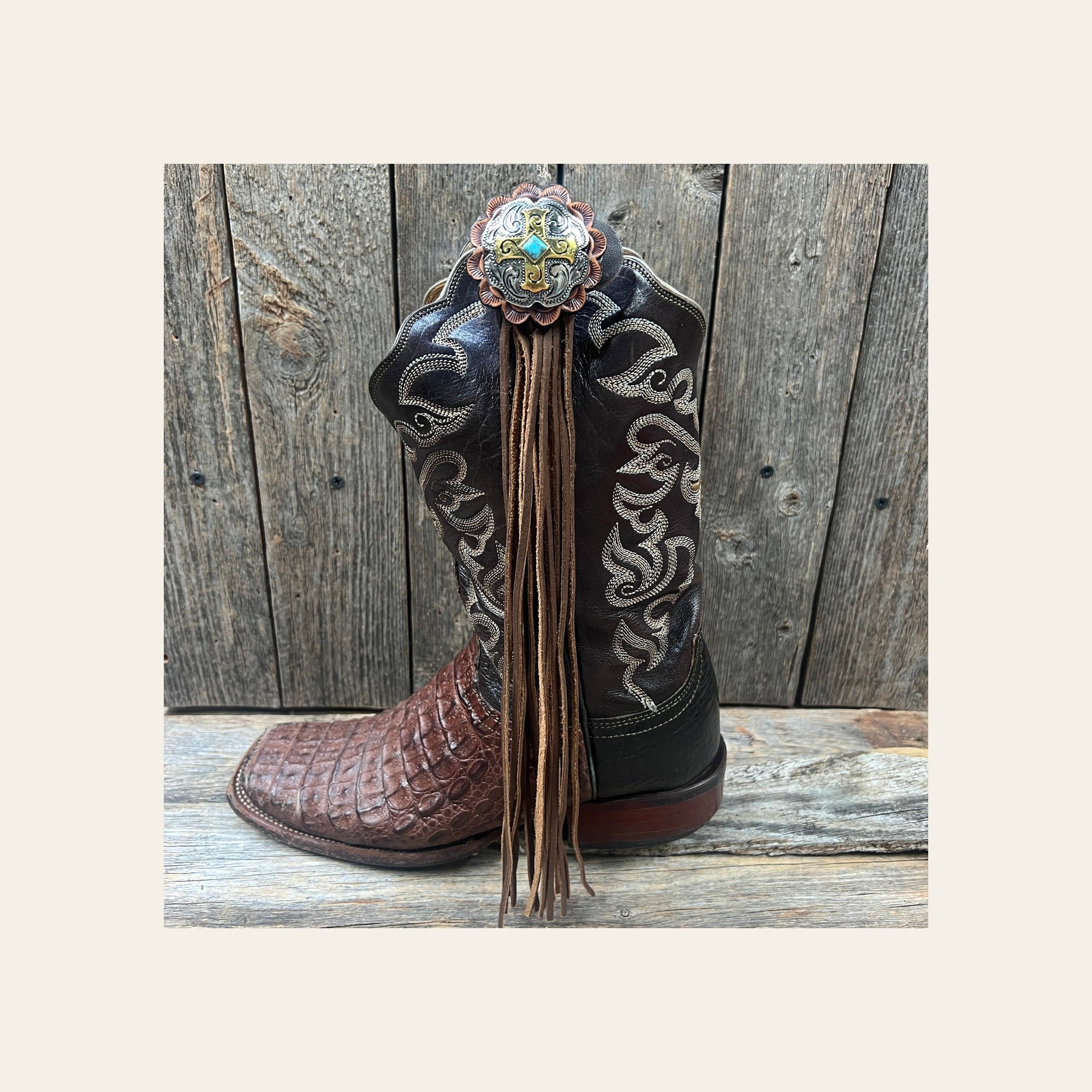 Boot Cuff Jewelry -  Antique Silver Cross Turquoise Concho - Fringe