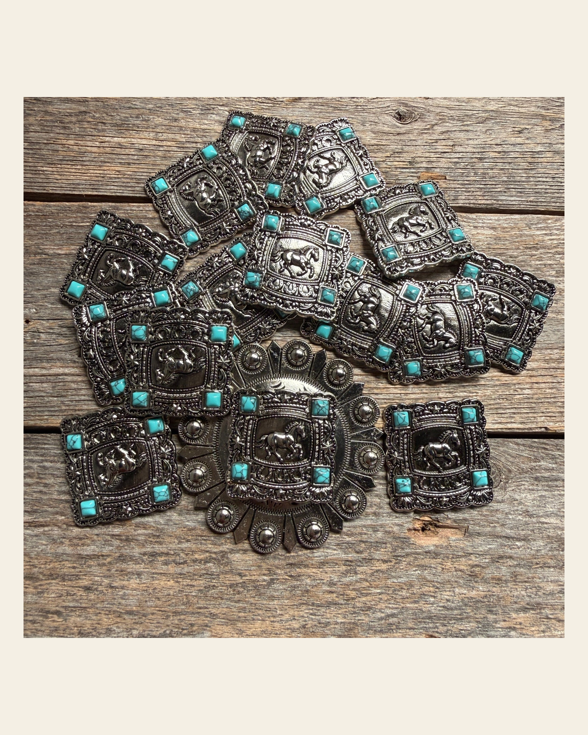 Antique Silver Horse and Turquoise Square Concho W259 on a warm cream background