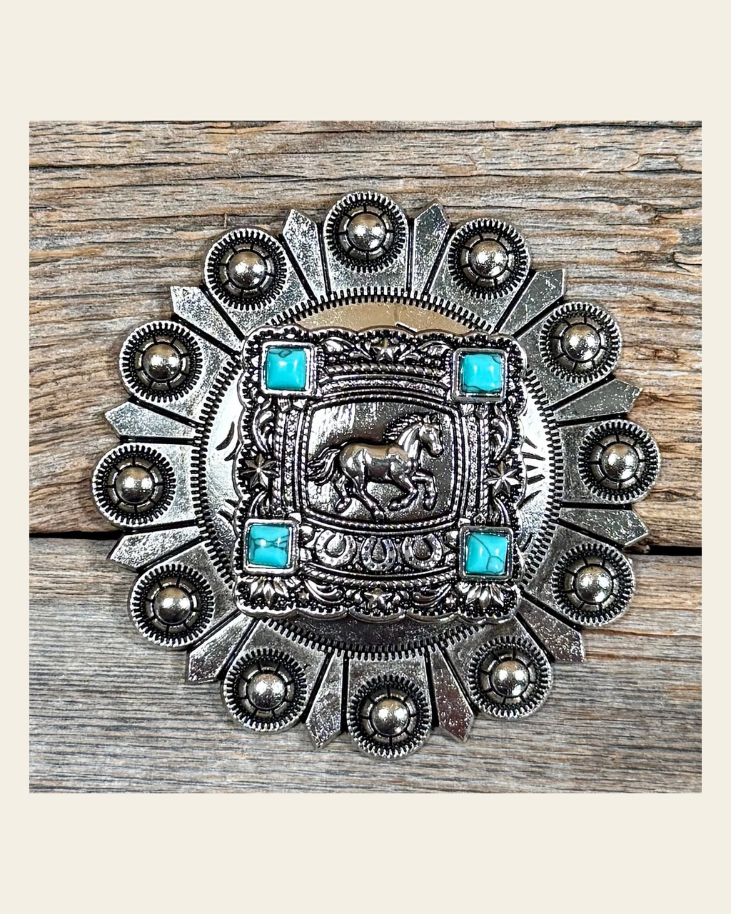 Antique Silver Horse & Turquoise Square Berry Jacket #BJW259L on a warm cream background