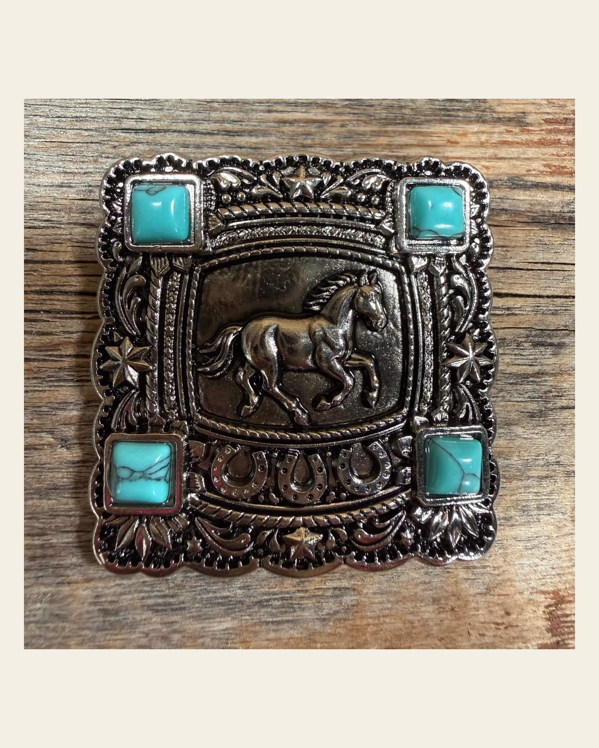 Antique Silver Horse & Turquoise Square Western Concho W259L on a warm cream background