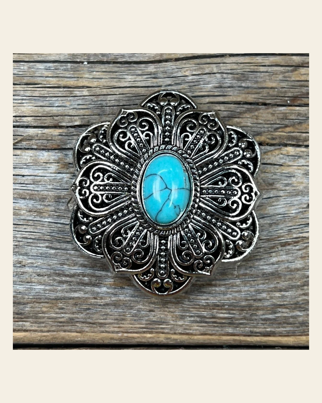 Antique Silver Filigree Floral Turquoise Concho 1.5" W234L on a warm cream background