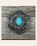 Antique Silver Filigree Floral Turquoise Concho 1.5" W234L on a warm cream background