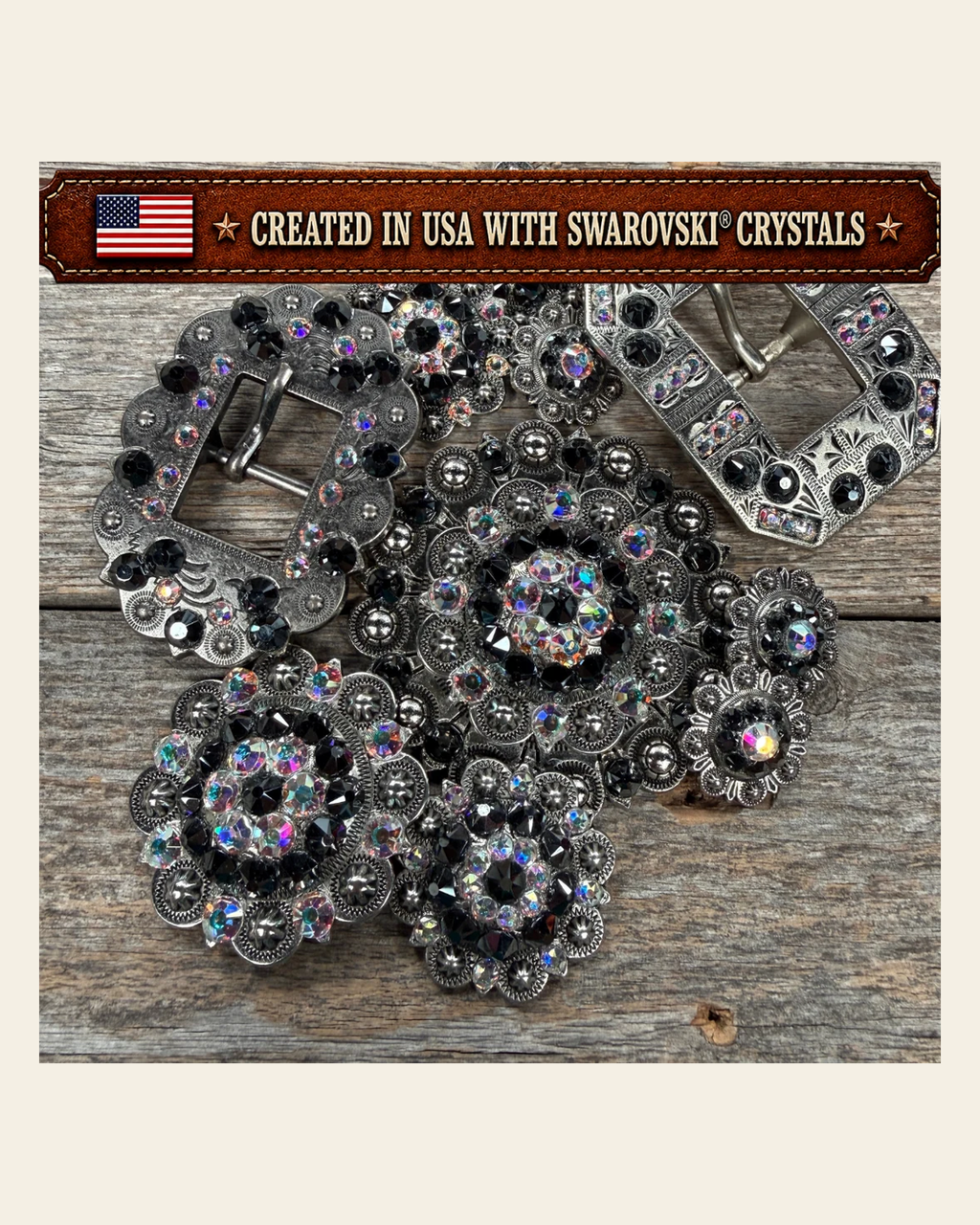 Antique Silver Jet - AB Crystal Conchos | Sizes 1"- 3" | Buckles | Saddle Set | Leather Rosettes | Slide on a warm cream background