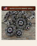 Antique Silver Jet - AB Crystal Conchos | Sizes 1"- 3" | Buckles | Saddle Set | Leather Rosettes | Slide on a warm cream background