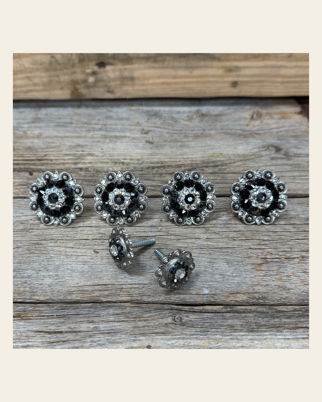 Antique Silver Jet and Clear Saddle Conchos on a warm cream background