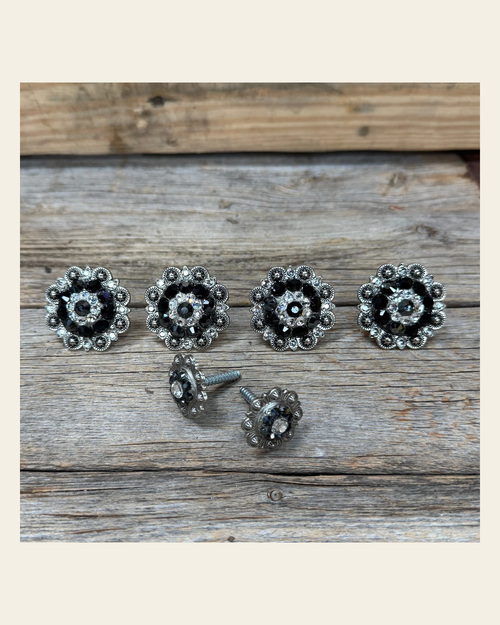 Antique Silver Jet and Clear Saddle Conchos on a warm cream background