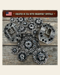 Antique Silver Jet - Clear Crystal Conchos | Sizes 1"- 3" | Buckles | Saddle Set | Leather Rosettes | Slide on a warm cream background