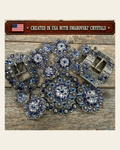 Antique Silver Light Sapphire - Clear - Lilac Crystal Conchos | Sizes 1"- 3" | Buckles | Saddle Set | Leather Rosettes | Slide on a warm cream background