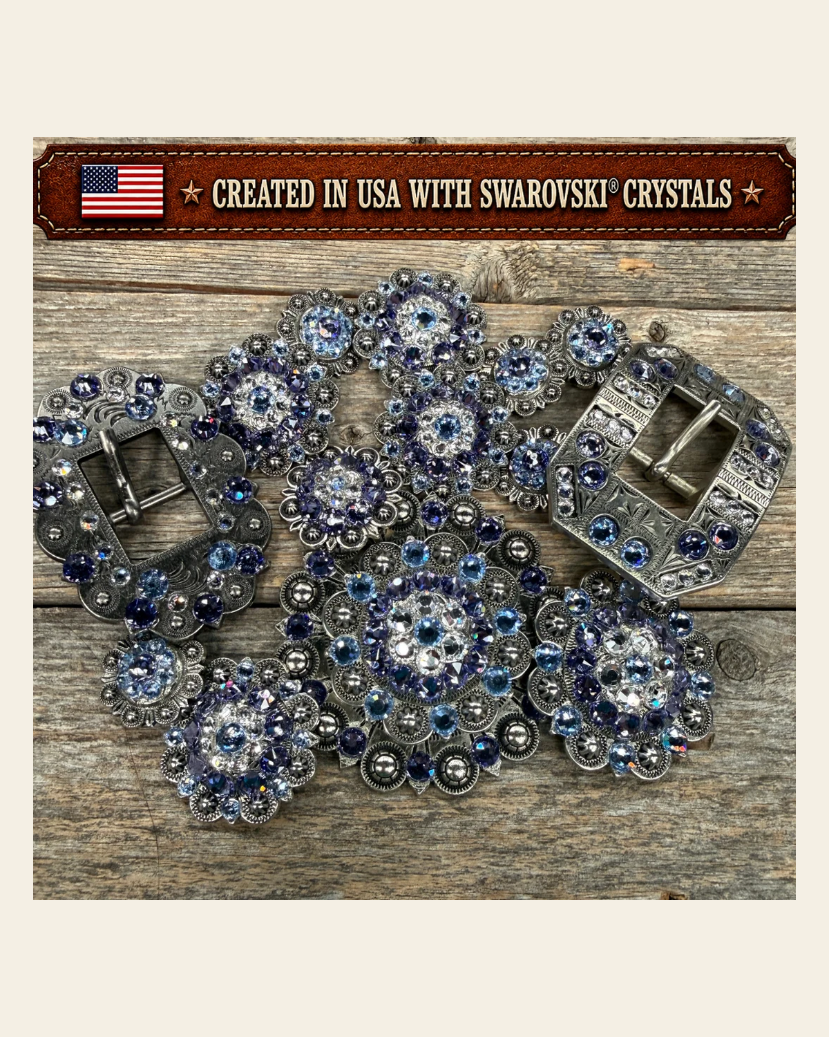 Antique Silver Light Sapphire - Clear - Lilac Crystal Conchos | Sizes 1"- 3" | Buckles | Saddle Set | Leather Rosettes | Slide on a warm cream background