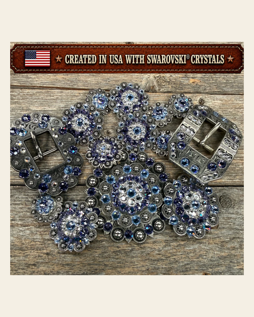 Antique Silver Light Sapphire - Clear - Lilac Crystal Conchos | Sizes 1"- 3" | Buckles | Saddle Set | Leather Rosettes | Slide on a warm cream background