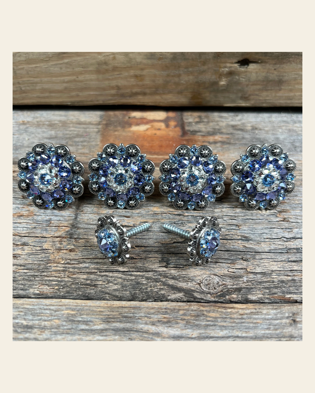 Antique Silver Light Sapphire Clear & Lilac Saddle Conchos on a warm cream background