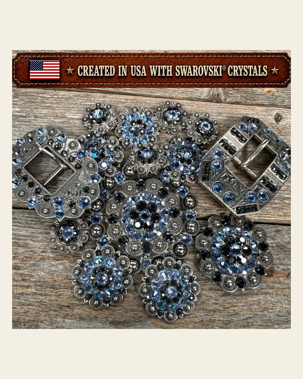 Antique Silver Light Sapphire - Jet Crystal Conchos | Sizes 1"- 3" | Buckles | Saddle Set | Leather Rosettes | Slide on a warm cream background