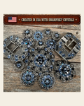 Antique Silver Light Sapphire - Jet Crystal Conchos | Sizes 1"- 3" | Buckles | Saddle Set | Leather Rosettes | Slide on a warm cream background