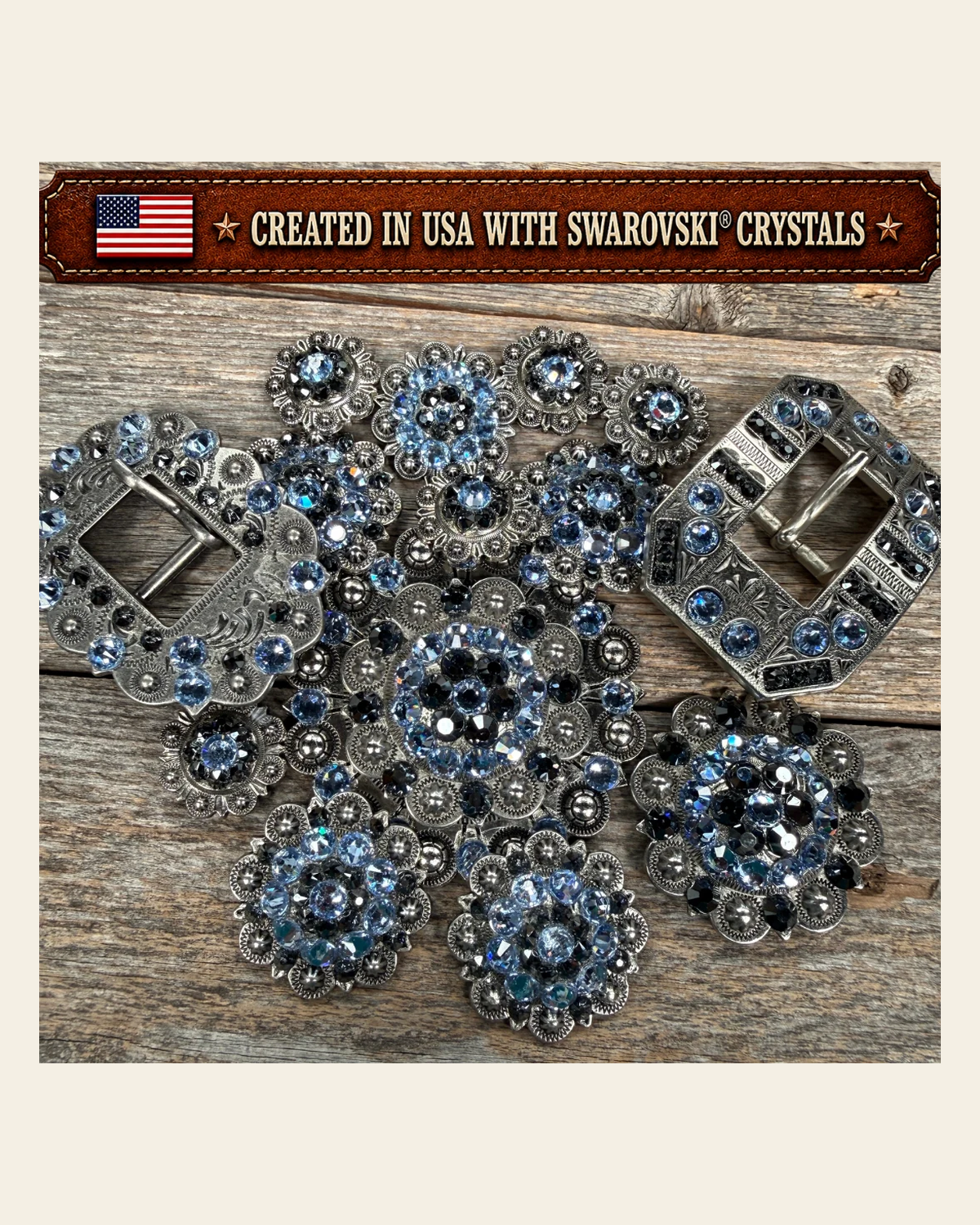 Antique Silver Light Sapphire - Jet Crystal Conchos | Sizes 1"- 3" | Buckles | Saddle Set | Leather Rosettes | Slide on a warm cream background