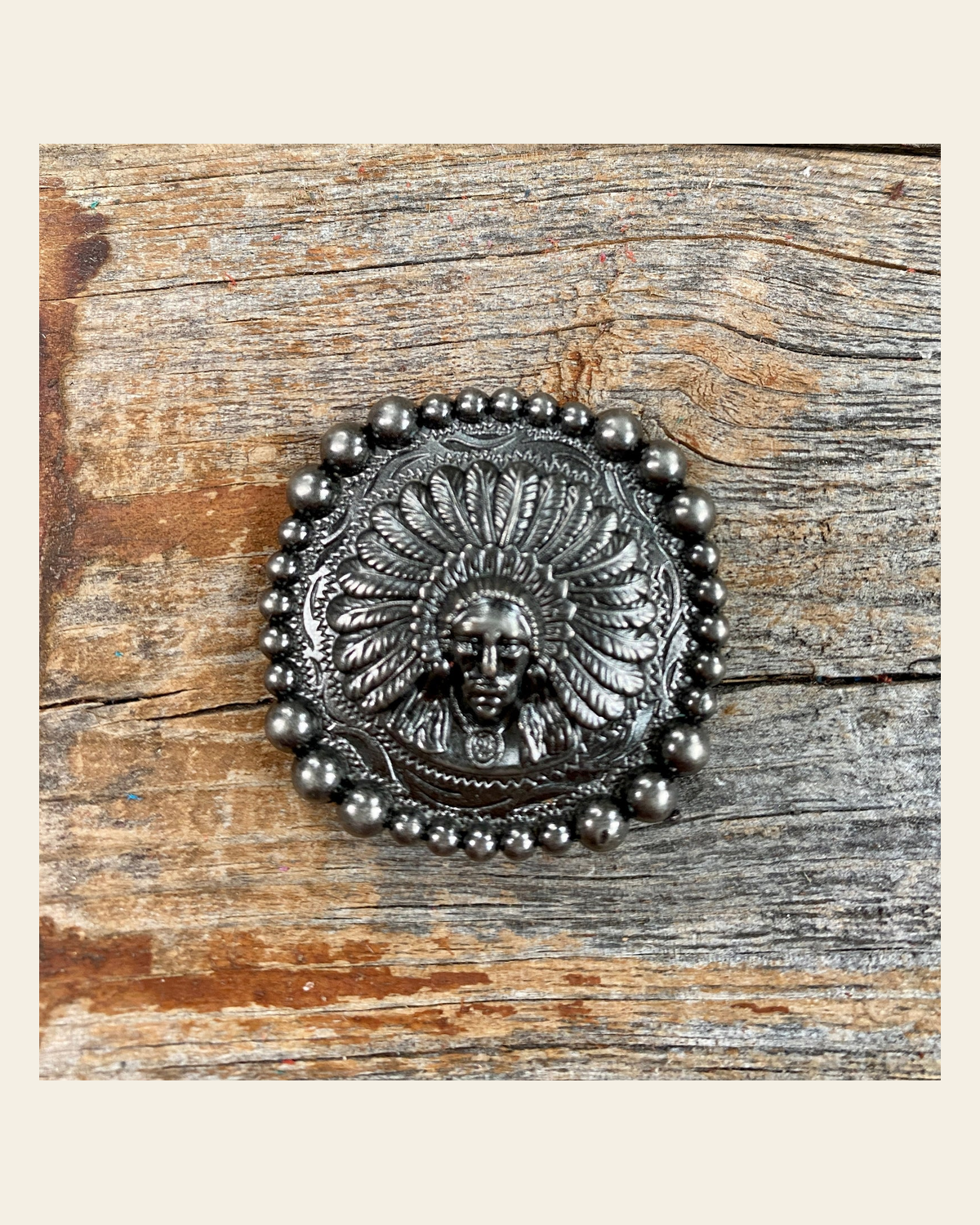 Antique Silver Native American Concho 1.5" W161AL on a warm cream background