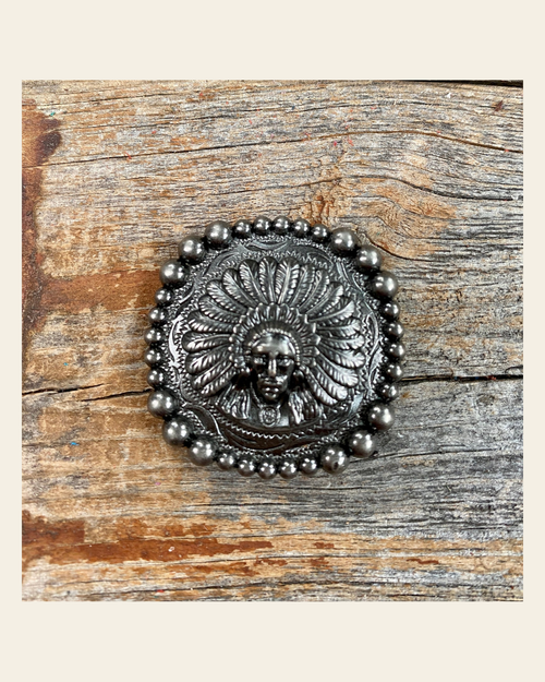 Antique Silver Native American Concho 1.5" W161AL on a warm cream background