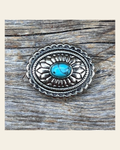 Antique Silver Oval Floral Turquoise Concho 1.5" W237L on a warm cream background