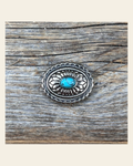 Antique Silver Oval Floral Turquoise Concho 1" W237S on a warm cream background