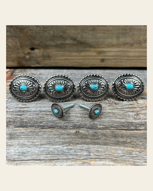 Antique Silver Oval Floral Turquoise Saddle Set SSW237 on a warm cream background