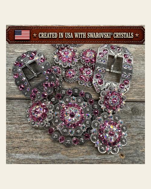 Antique Silver Pink - AB Crystal Conchos | Sizes 1"- 3" | Buckles | Saddle Set | Leather Rosettes | Slide on a warm cream background